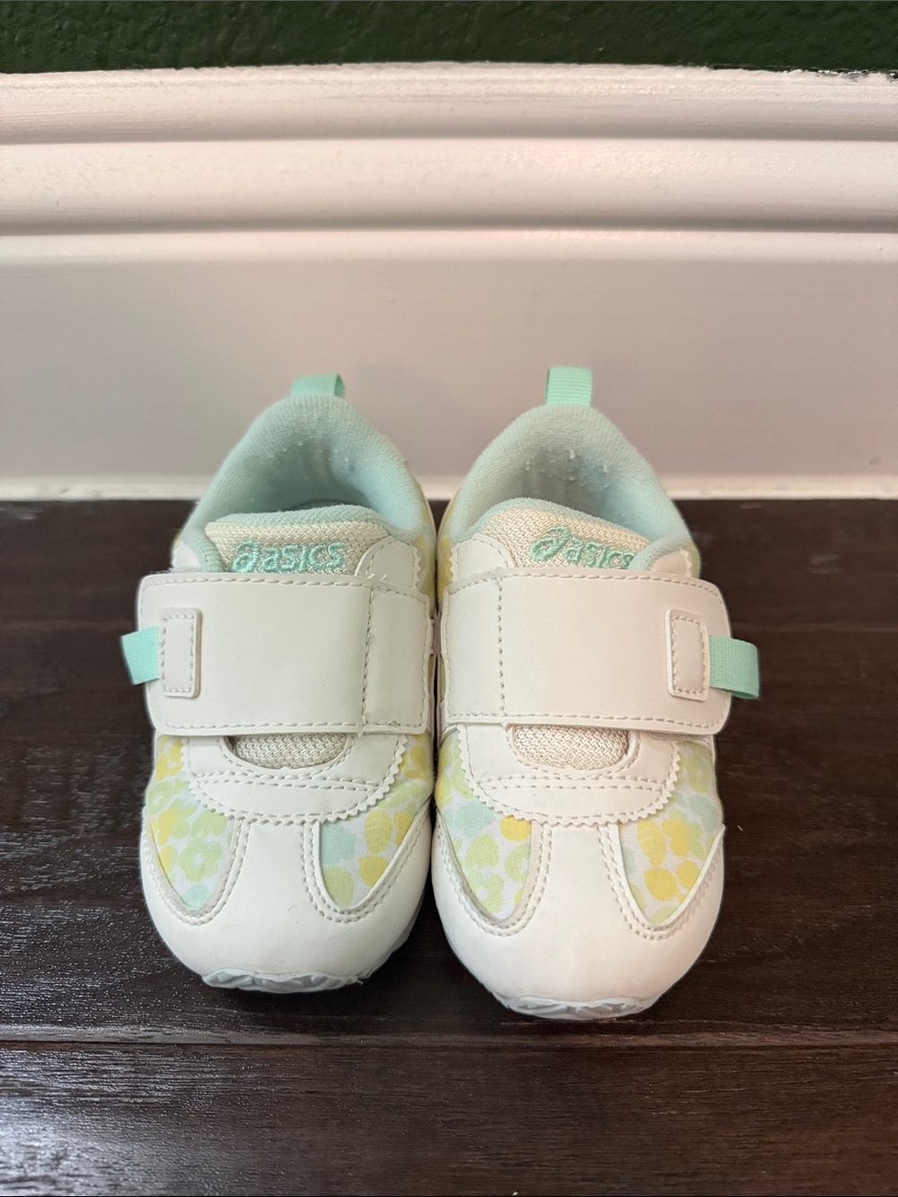 ASICS girls Kids Mint Green, White & Yellow Velcro Sneakers
